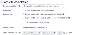 Quiz settings activity completion tab