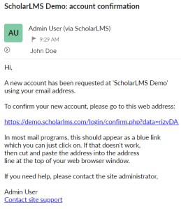 User account confirmation email